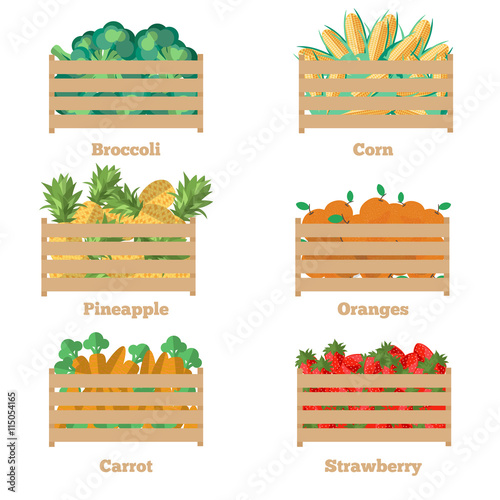 Wooden box with fruits and vegetables. Vector illustration of the harvest. Iisolated objects of fresh, natural food. Cart with product for supermarket. Diet and organic food template. © fleren