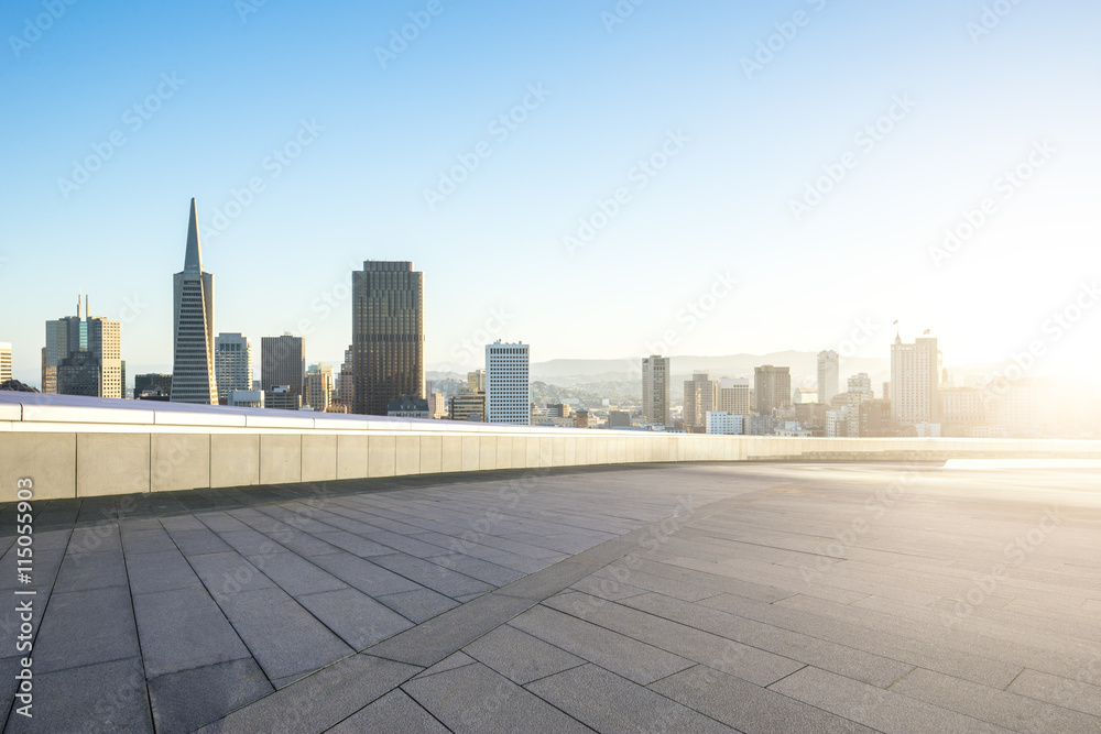 empty floor with cityscape and skyline of san francisco in sunny empty floor with cityscape and skyline of san francisco in sunny
