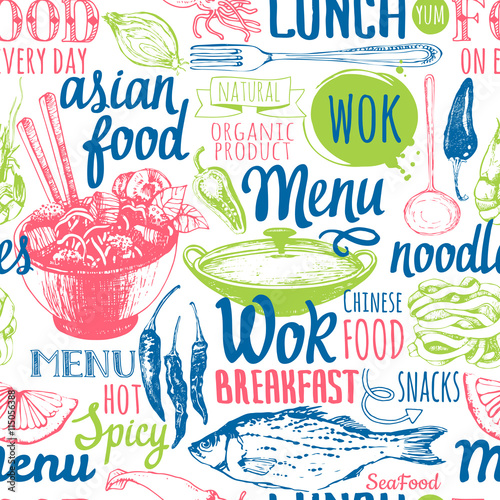 Seamless background with asian street food. Menu pattern. 
