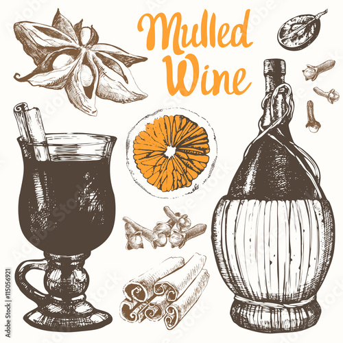 Mulled wine set in sketch style. Classical winter drink.
