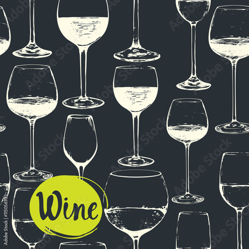 Hand-drawn sketch of wine glass. Seamless glassware background. 