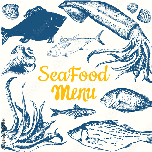 Hand-drawn sketch seafood: fish, lobster, clams, squid. 