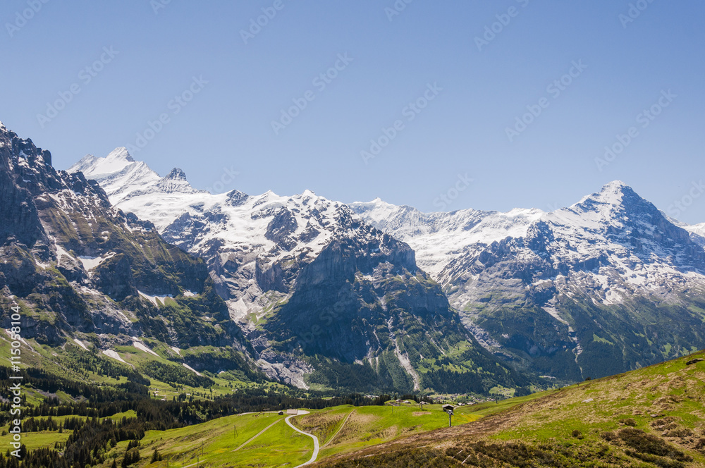 Grindelwald, Berner Oberland, Eiger, Schreckhorn,   Alpen, Bergtal, First, Grosse Scheidegg, Höhenweg, Wanderweg, Schweizer Berge, Sommer, Schweiz 
