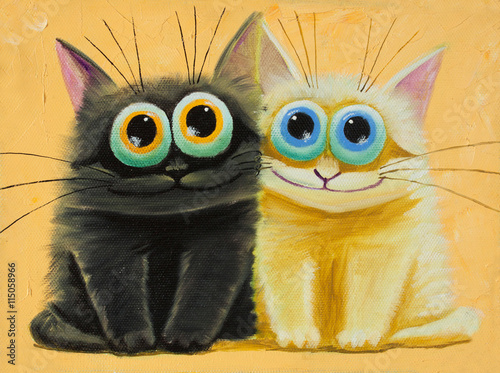 an original painting on canvas of white and black funny cats with big eyes, joy and happy mood, part of collection.