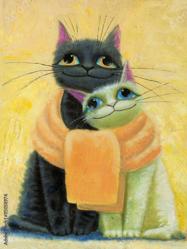 an original painting on canvas of white and black funny cats with big eyes, joy and happy mood, part of collection.