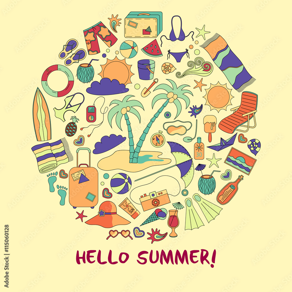 Modern vector illustration with different summer vacation items and objects .
