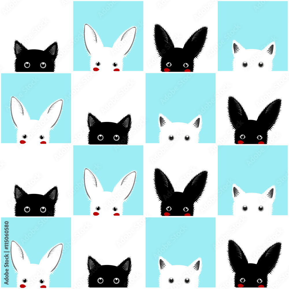 Black White Blue Cat Rabbit Chess board Background Vector Illustration
