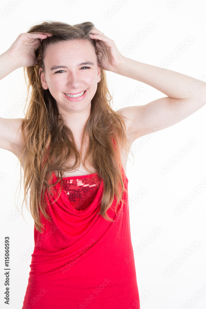 Girl in red dress isolated on white background Girl in red dress isolated on white background