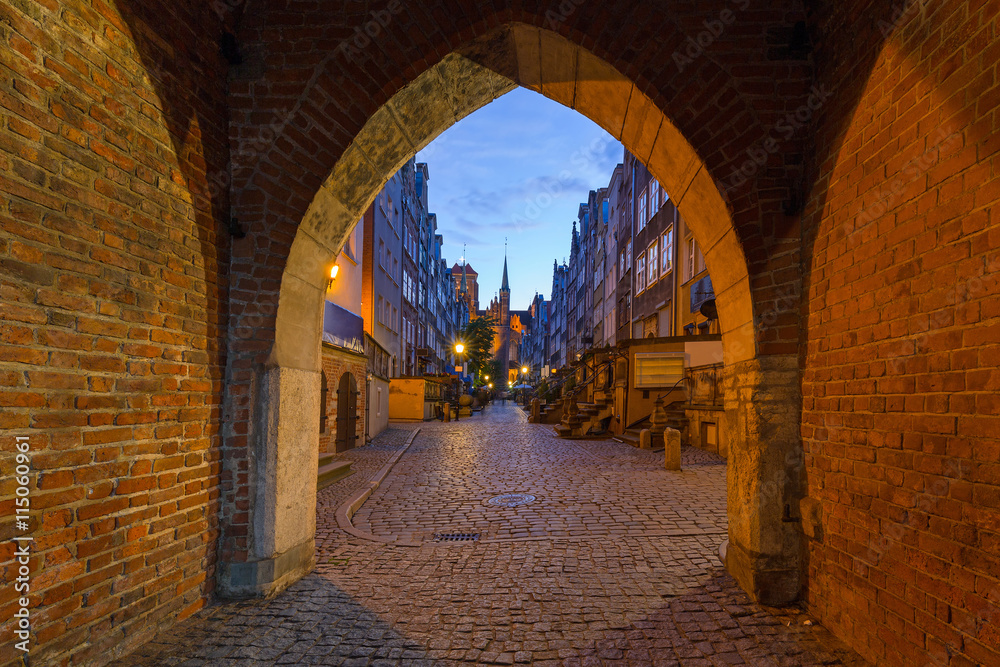 Gate to the Mariacka (St. Mary) street in Gdansk at night, Poland