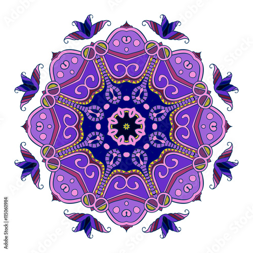 Hand-drawn colorful mandala, lace ornament purple round pattern, vintage decorative element, isolated, EPS 8