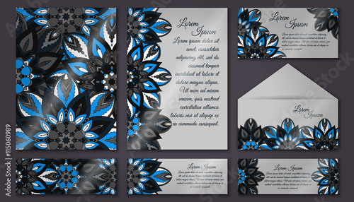 Vector vintage invitation card set. Floral mandala pattern and ornaments. Oriental design Layout. Islam, Arabic, Indian, ottoman motifs.