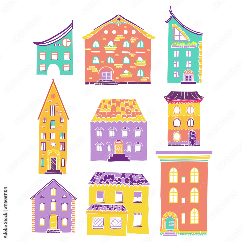 Set of color doodle houses, collection of hand-drawn bright sketch buildings, isolated, EPS 8