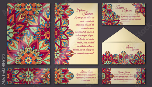 Vector vintage invitation card set. Floral mandala pattern and ornaments. Oriental design Layout. Islam, Arabic, Indian, ottoman motifs.