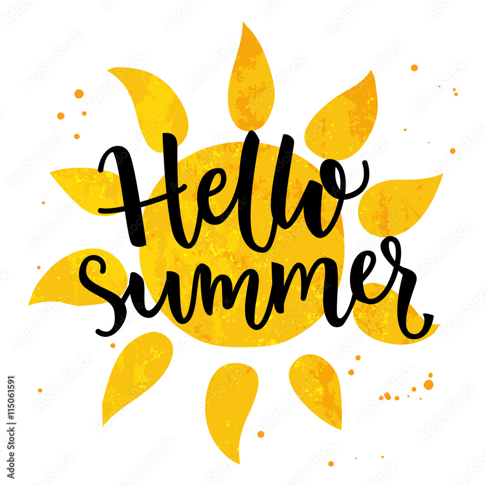 Hello summer banner. Typography poster with sun and lettering. Sunny design  for beach party, summer collection clothes, social media content. Stock  Vector