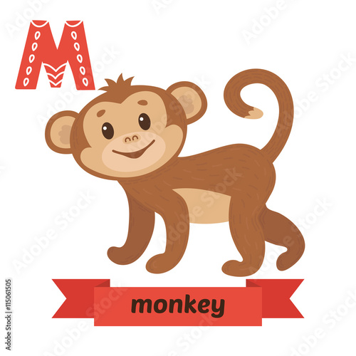 Monkey. M letter. Cute children animal alphabet in vector. Funny