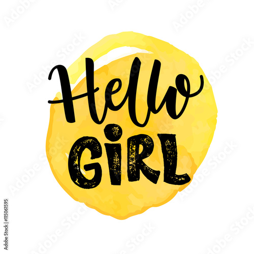 Hello girl typography design on yellow watercolor spot.