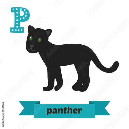 Panther. P letter. Cute children animal alphabet in vector. Funn