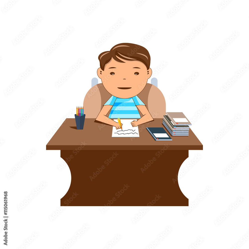 Creative business man sitting at office table. vector illustrati