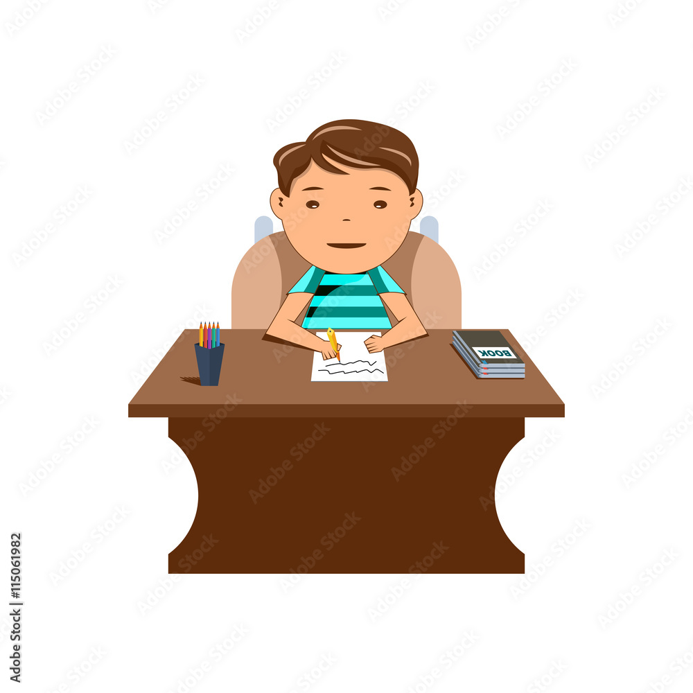 schoolboy sitting at his desk and wrote in a notebook . vector i