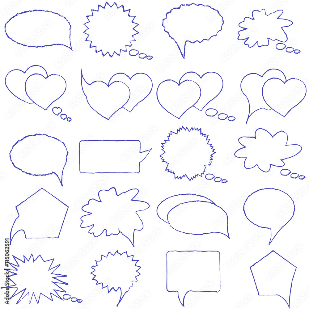 Speech, conversation, thoughts blank template. Romantic chat. Set of isolated elements of dialogue drawn pen on a white background. Collection bubbles messages. Vector illustration.
