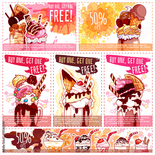 Six different discount coupons for ice cream and milkshakes.