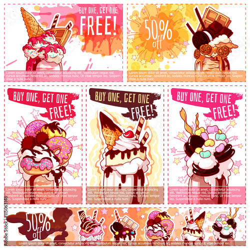 Six different discount coupons for ice cream and milkshakes.