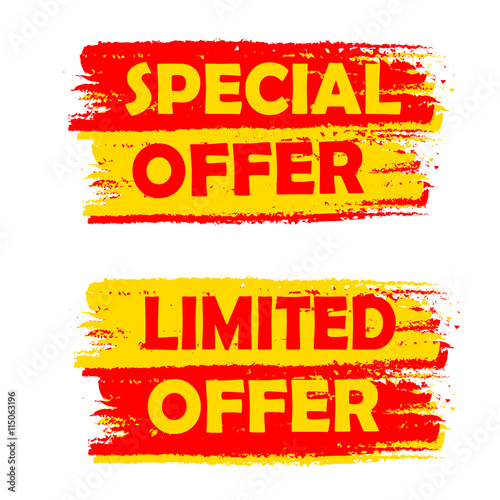 special and limited offer, yellow and red drawn labels, vector