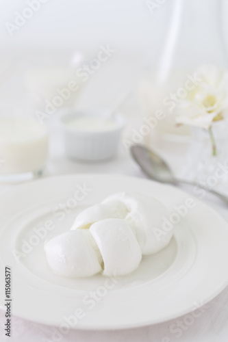 Italian mozzarella cheese in the form of weaving on a white plate. traditional Italian cuisine. Still in a bright manner. white on white