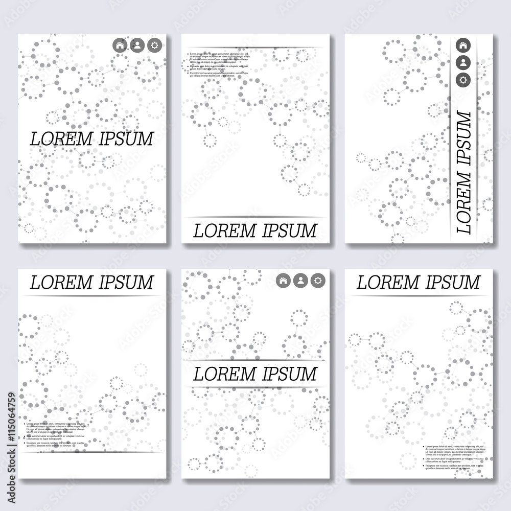Vector brochure template, flyer, cover magazine in A4 size. Structure molecule of DNA and neurons. Abstract background