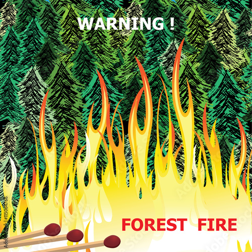 Forest fire, wildfire burning tree in red and orange color vector