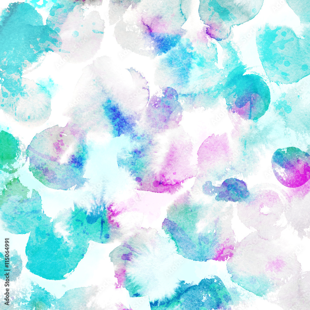 Fototapeta Watercolor paint circles and spots of paint flow. Delicate pink, turquoise and pastel blue background with artistic texture.