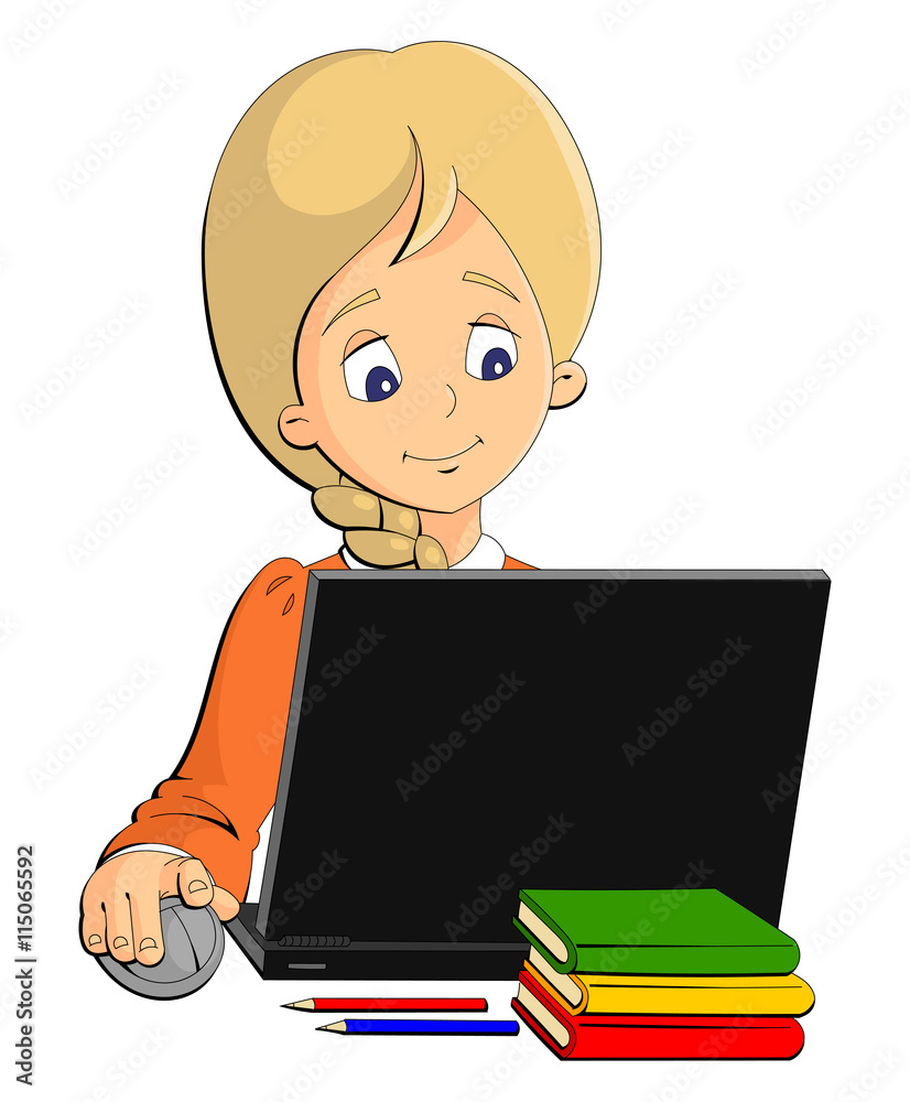 Schoolgirl sitting at the table and working on a laptop. Schoolgirl sitting at the table and working on a laptop.