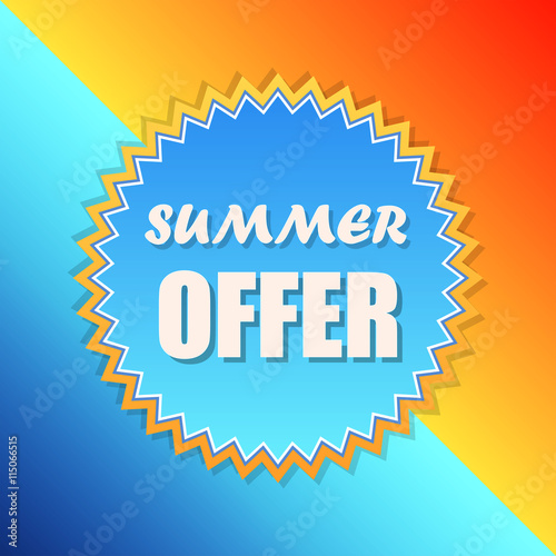 summer offer in sun sign, retro label, flat design, vector
