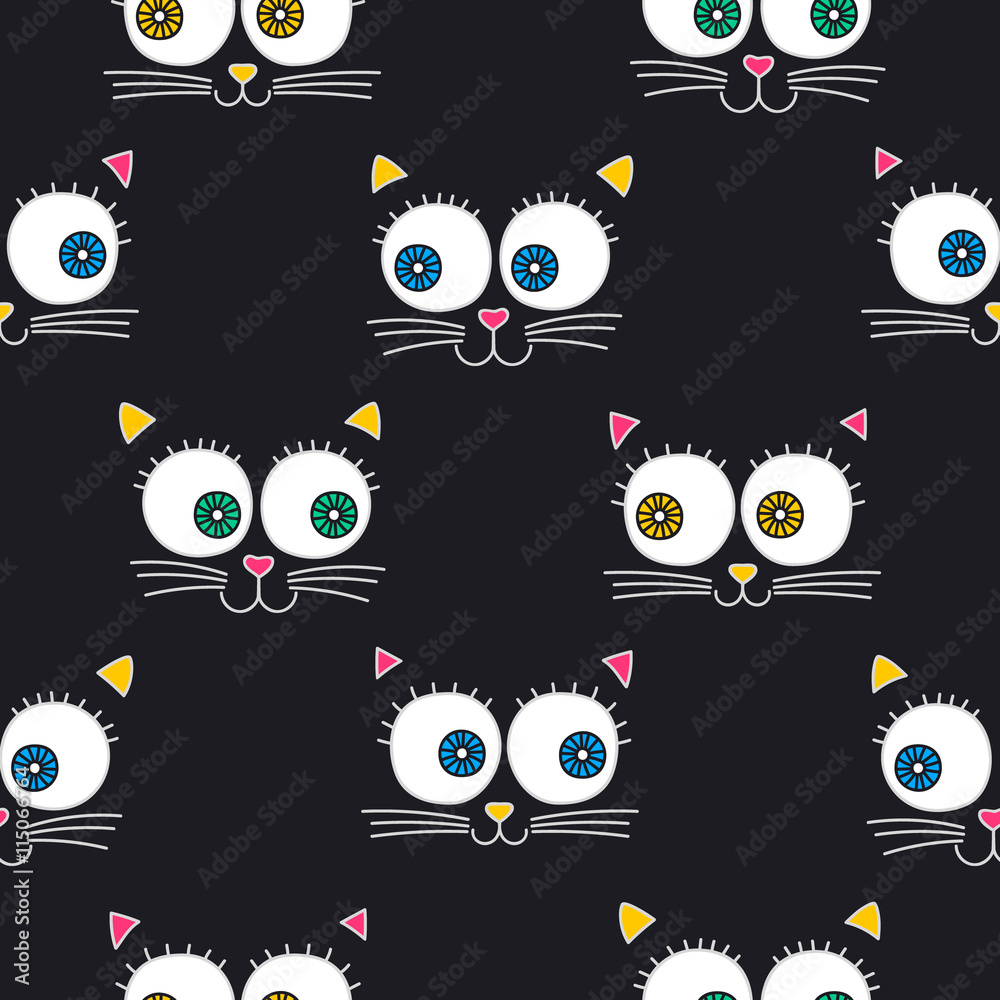 Cat face. Vector seamless pattern with cats faces. Cute kitten background for children. On black background.