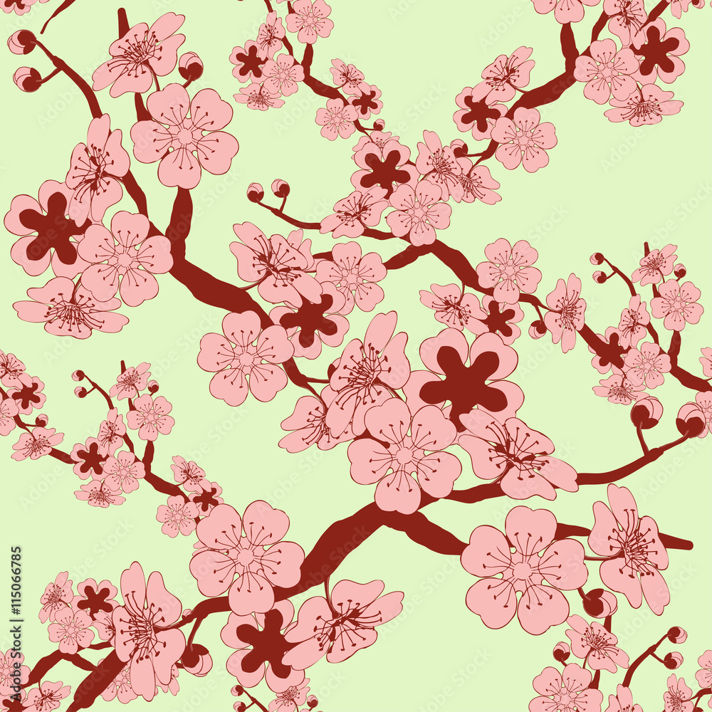 a Japanese style seamless tile with a cherry tree branch and flowers pattern in red, pink, and soft green