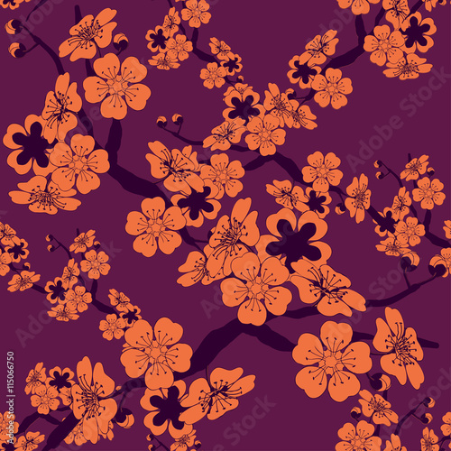 a Japanese style seamless tile with a cherry tree branch and flowers pattern in orange and purple