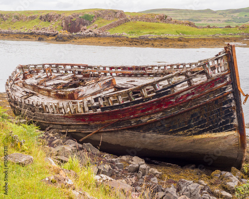 The old wooden boat at Croig Harbour  Devaig  Island of Mull  Scotland  UK