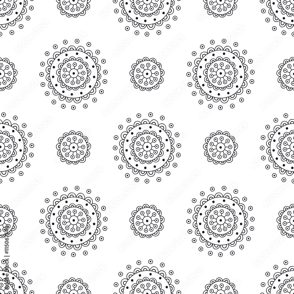 Vector seamless pattern with abstract doodle flowers. Hand drawn background for kids. Nice floral backdrop. Black an white colors.