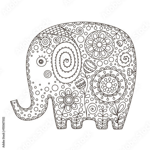 Cute doodle ethnic elephant. Vector hand drawn elephant with doodle ornament. Summer design for kids. Isolated. Coloring page for coloring book. Animal with flowers, plants and dots.