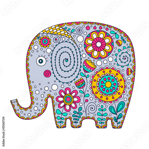 Hand drawn cartoon elephant with floral doodle ornament. Nice bishop for for babies and children. Yellow, pink, green, grey and white colors. Isolated. Doodle animal with flowers and dots. Vector.