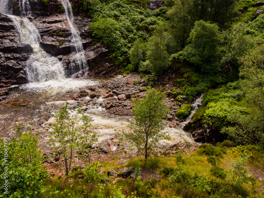 Glencoe waterfalls after heavy rainfall earlier, Glencoe, Highlands of Scotland, Scotland, UK