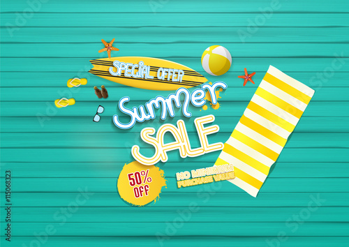 summer sale background, with painted wooden floor, and beach products.

