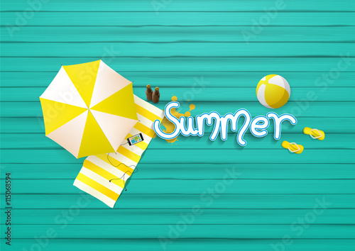 summer background, with painted wooden floor, and beach products.

