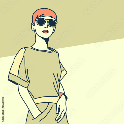 Blonde Lady. Short haircut. Vintage Pop Art style.