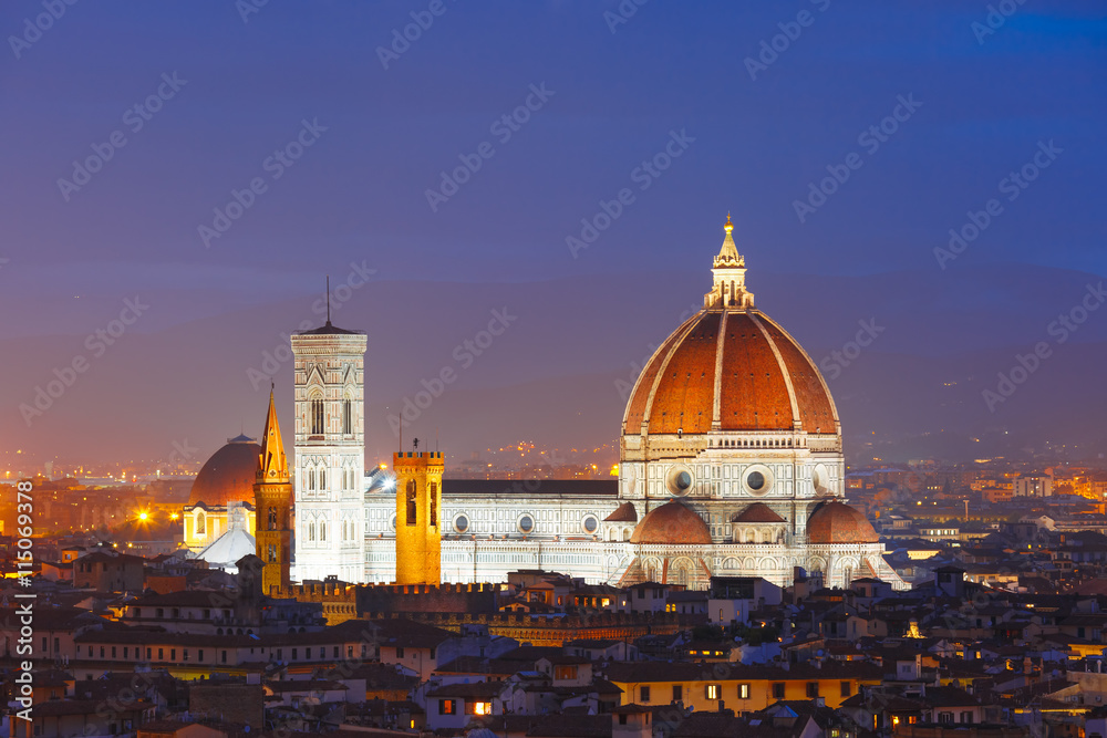 Duomo Santa Maria Del Fiore at nihjt from Piazzale Michelangelo in Florence, Tuscany, Italy