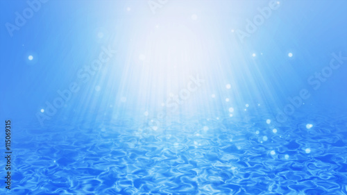 Underwater wave background with water bubbles and sun rays beam.