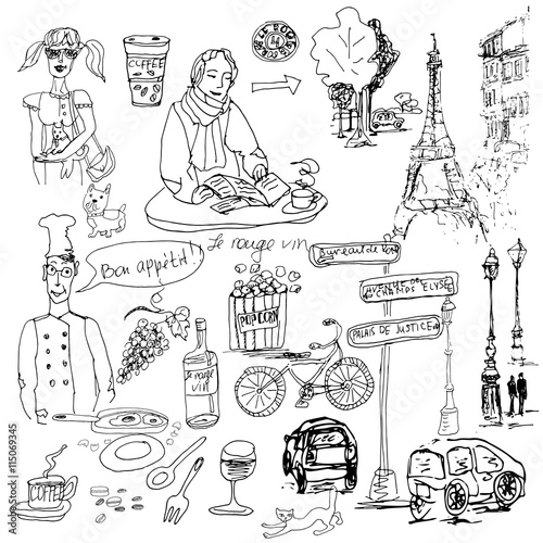 Hand drawn vector sketch. Ink illustration. Paris elements.