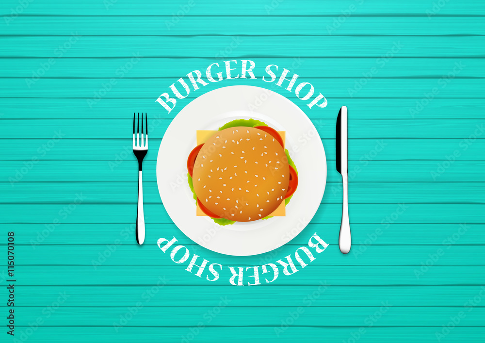 Φωτογραφία Top view illustration of burger, on painted wooden board, realistic vector,