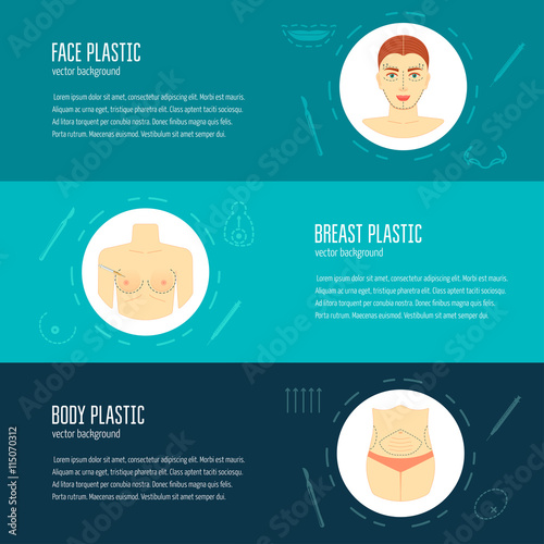 Horizontal banners, flyers for plastic surgery. Face plastic. Brace plastic. Body plastic. Modern concept. Flat design. Vector