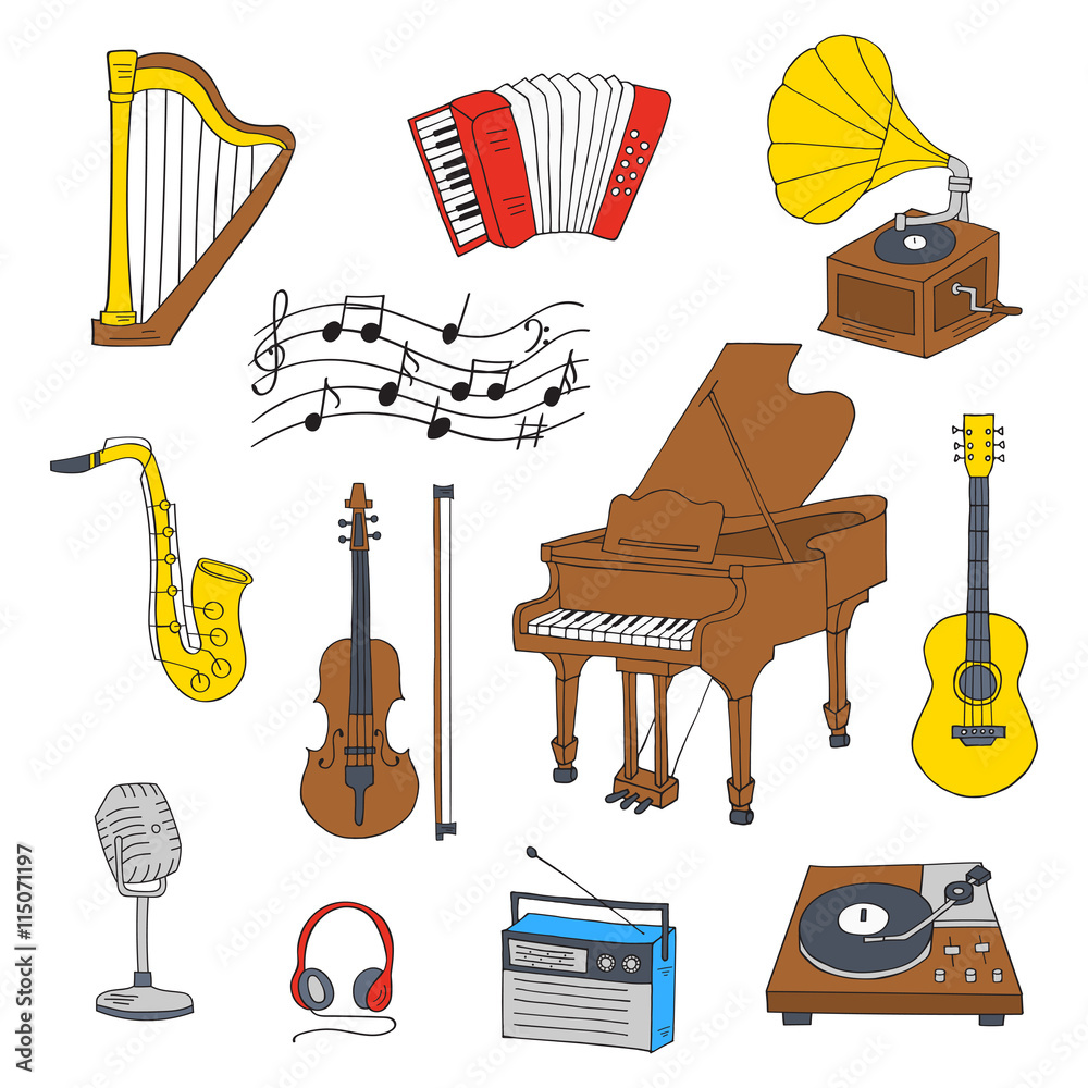 Music icon set vector illustrations hand drawn doodle. Musical ...
